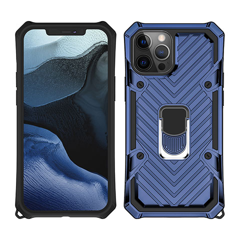 Funda Bumper Silicona y Plastico Mate Carcasa con Magnetico Anillo de dedo Soporte M01 para Apple iPhone 12 Pro Max Azul