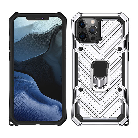 Funda Bumper Silicona y Plastico Mate Carcasa con Magnetico Anillo de dedo Soporte M01 para Apple iPhone 12 Pro Max Plata