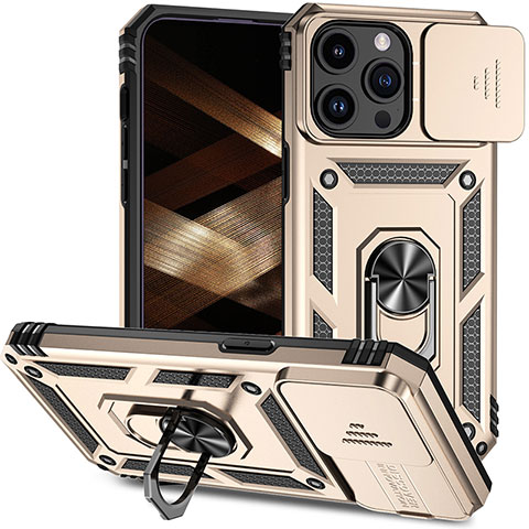 Funda Bumper Silicona y Plastico Mate Carcasa con Magnetico Anillo de dedo Soporte MQ1 para Apple iPhone 13 Pro Max Oro