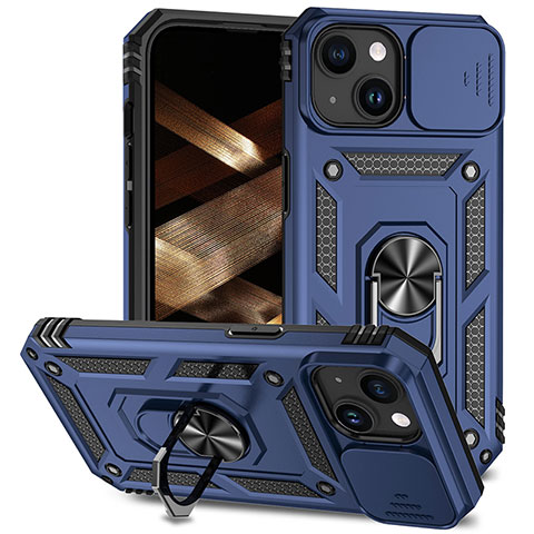 Funda Bumper Silicona y Plastico Mate Carcasa con Magnetico Anillo de dedo Soporte MQ1 para Apple iPhone 14 Plus Azul