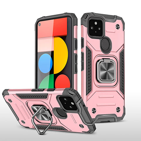 Funda Bumper Silicona y Plastico Mate Carcasa con Magnetico Anillo de dedo Soporte MQ1 para Google Pixel 5 Oro Rosa