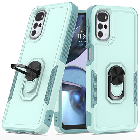 Funda Bumper Silicona y Plastico Mate Carcasa con Magnetico Anillo de dedo Soporte MQ1 para Motorola Moto G22 Cian