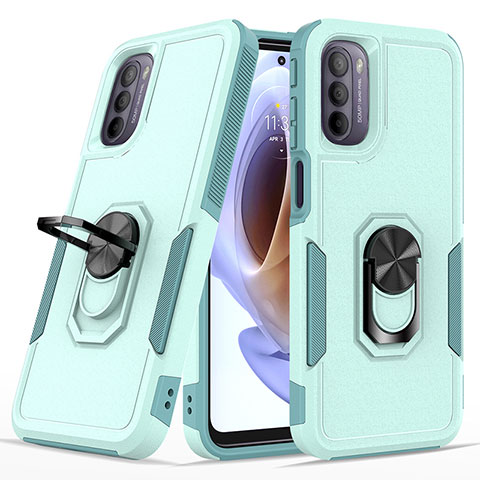 Funda Bumper Silicona y Plastico Mate Carcasa con Magnetico Anillo de dedo Soporte MQ1 para Motorola Moto G31 Cian