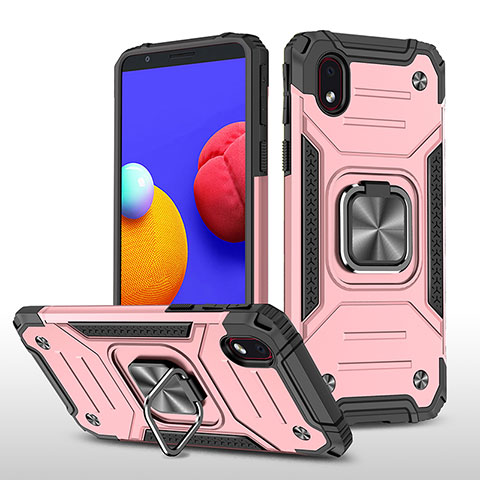 Funda Bumper Silicona y Plastico Mate Carcasa con Magnetico Anillo de dedo Soporte MQ1 para Samsung Galaxy A01 Core Oro Rosa