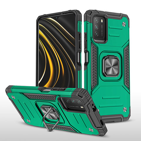 Funda Bumper Silicona y Plastico Mate Carcasa con Magnetico Anillo de dedo Soporte MQ1 para Xiaomi Poco M3 Verde Noche