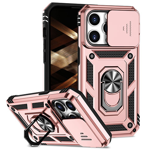 Funda Bumper Silicona y Plastico Mate Carcasa con Magnetico Anillo de dedo Soporte MQ2 para Apple iPhone 13 Pro Max Oro Rosa