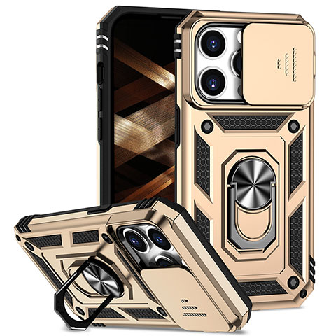 Funda Bumper Silicona y Plastico Mate Carcasa con Magnetico Anillo de dedo Soporte MQ2 para Apple iPhone 13 Pro Oro