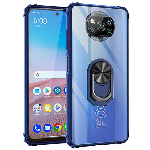Funda Bumper Silicona y Plastico Mate Carcasa con Magnetico Anillo de dedo Soporte MQ2 para Xiaomi Poco X3 NFC Azul
