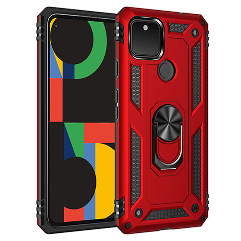 Funda Bumper Silicona y Plastico Mate Carcasa con Magnetico Anillo de dedo Soporte MQ3 para Google Pixel 5 XL 5G Rojo