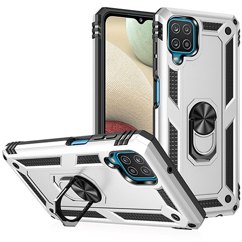 Funda Bumper Silicona y Plastico Mate Carcasa con Magnetico Anillo de dedo Soporte MQ3 para Samsung Galaxy M12 Plata