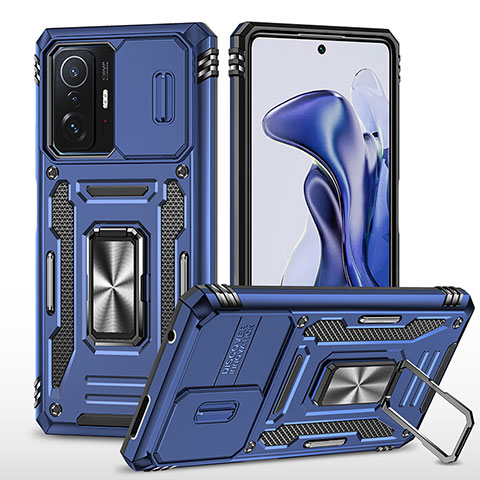 Funda Bumper Silicona y Plastico Mate Carcasa con Magnetico Anillo de dedo Soporte MQ4 para Xiaomi Mi 11T Pro 5G Azul