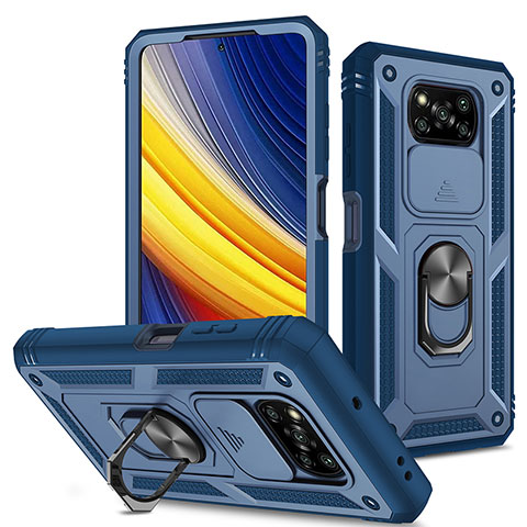 Funda Bumper Silicona y Plastico Mate Carcasa con Magnetico Anillo de dedo Soporte MQ4 para Xiaomi Poco X3 NFC Azul