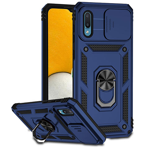 Funda Bumper Silicona y Plastico Mate Carcasa con Magnetico Anillo de dedo Soporte MQ6 para Samsung Galaxy M02 Azul