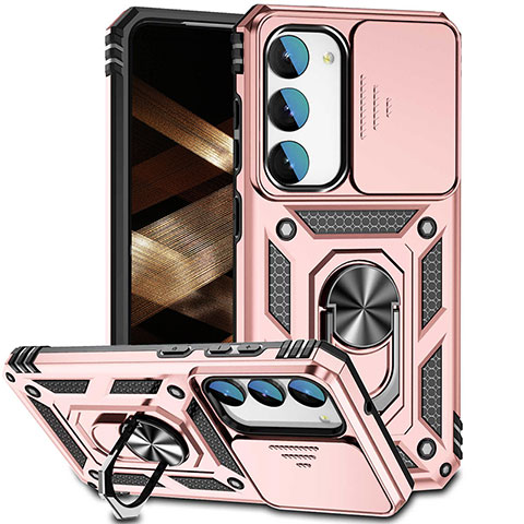 Funda Bumper Silicona y Plastico Mate Carcasa con Magnetico Anillo de dedo Soporte MQ6 para Samsung Galaxy S22 5G Oro Rosa