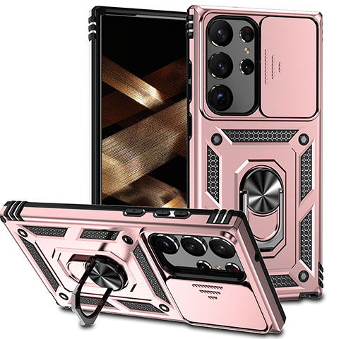 Funda Bumper Silicona y Plastico Mate Carcasa con Magnetico Anillo de dedo Soporte MQ6 para Samsung Galaxy S22 Ultra 5G Oro Rosa