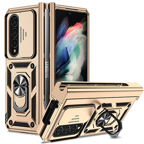 Funda Bumper Silicona y Plastico Mate Carcasa con Magnetico Anillo de dedo Soporte MQ6 para Samsung Galaxy Z Fold4 5G Oro