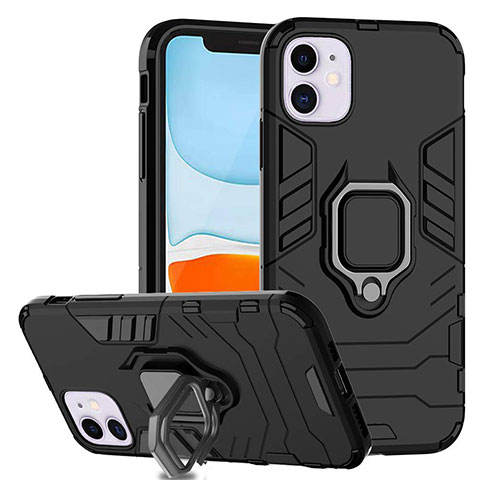 Funda Bumper Silicona y Plastico Mate Carcasa con Magnetico Anillo de dedo Soporte para Apple iPhone 11 Negro