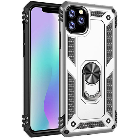 Funda Bumper Silicona y Plastico Mate Carcasa con Magnetico Anillo de dedo Soporte para Apple iPhone 11 Pro Max Plata