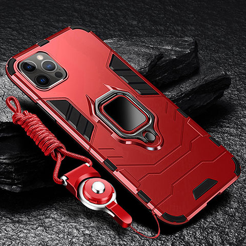 Funda Bumper Silicona y Plastico Mate Carcasa con Magnetico Anillo de dedo Soporte para Apple iPhone 13 Pro Max Rojo