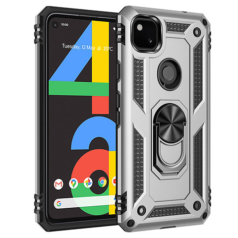 Funda Bumper Silicona y Plastico Mate Carcasa con Magnetico Anillo de dedo Soporte para Google Pixel 4a Plata