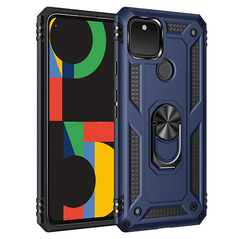 Funda Bumper Silicona y Plastico Mate Carcasa con Magnetico Anillo de dedo Soporte para Google Pixel 5 Azul