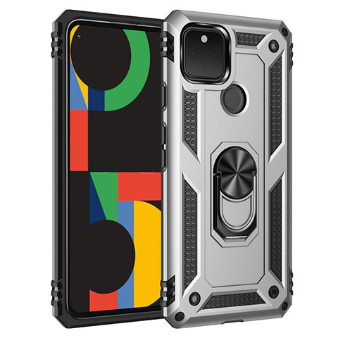 Funda Bumper Silicona y Plastico Mate Carcasa con Magnetico Anillo de dedo Soporte para Google Pixel 5 Plata