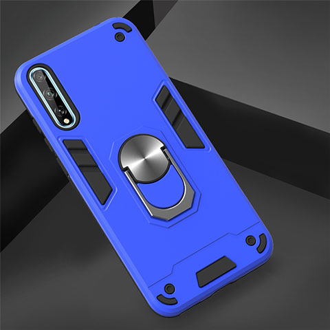 Funda Bumper Silicona y Plastico Mate Carcasa con Magnetico Anillo de dedo Soporte para Huawei Enjoy 10S Azul