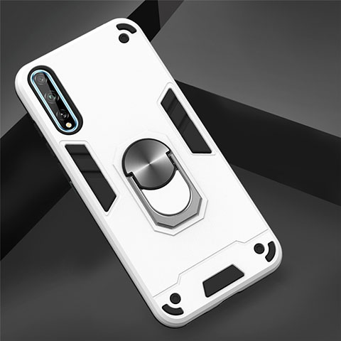 Funda Bumper Silicona y Plastico Mate Carcasa con Magnetico Anillo de dedo Soporte para Huawei Y8p Blanco