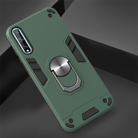 Funda Bumper Silicona y Plastico Mate Carcasa con Magnetico Anillo de dedo Soporte para Huawei Y8p Verde