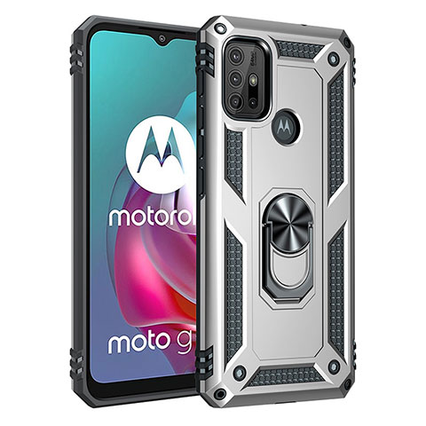 Funda Bumper Silicona y Plastico Mate Carcasa con Magnetico Anillo de dedo Soporte para Motorola Moto G10 Plata