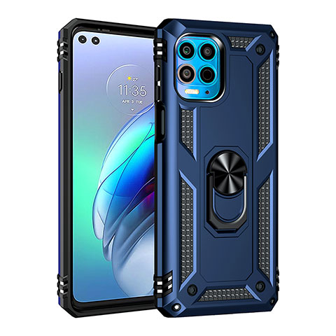 Funda Bumper Silicona y Plastico Mate Carcasa con Magnetico Anillo de dedo Soporte para Motorola Moto G100 5G Azul