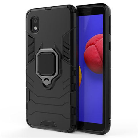 Funda Bumper Silicona y Plastico Mate Carcasa con Magnetico Anillo de dedo Soporte para Samsung Galaxy A01 Core Negro