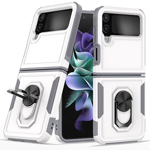 Funda Bumper Silicona y Plastico Mate Carcasa con Magnetico Anillo de dedo Soporte para Samsung Galaxy Z Flip4 5G Blanco