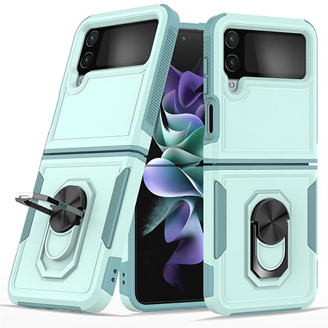 Funda Bumper Silicona y Plastico Mate Carcasa con Magnetico Anillo de dedo Soporte para Samsung Galaxy Z Flip4 5G Cian