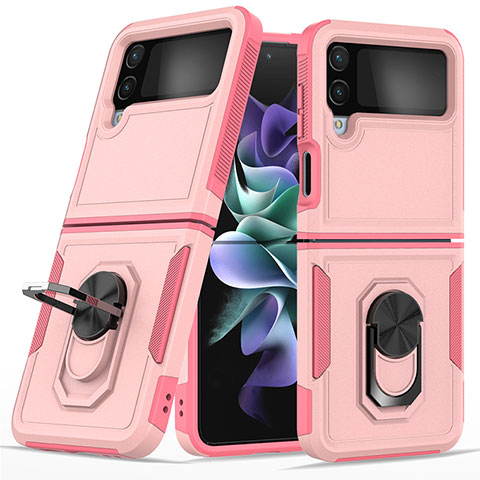 Funda Bumper Silicona y Plastico Mate Carcasa con Magnetico Anillo de dedo Soporte para Samsung Galaxy Z Flip4 5G Oro Rosa