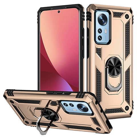 Funda Bumper Silicona y Plastico Mate Carcasa con Magnetico Anillo de dedo Soporte para Xiaomi Mi 12 Pro 5G Oro