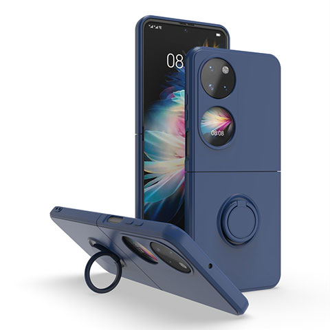 Funda Bumper Silicona y Plastico Mate Carcasa con Magnetico Anillo de dedo Soporte QW1 para Huawei P50 Pocket Azul