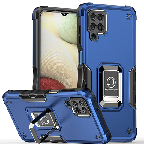 Funda Bumper Silicona y Plastico Mate Carcasa con Magnetico Anillo de dedo Soporte QW1 para Samsung Galaxy M12 Azul