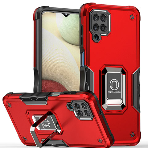 Funda Bumper Silicona y Plastico Mate Carcasa con Magnetico Anillo de dedo Soporte QW1 para Samsung Galaxy M12 Rojo