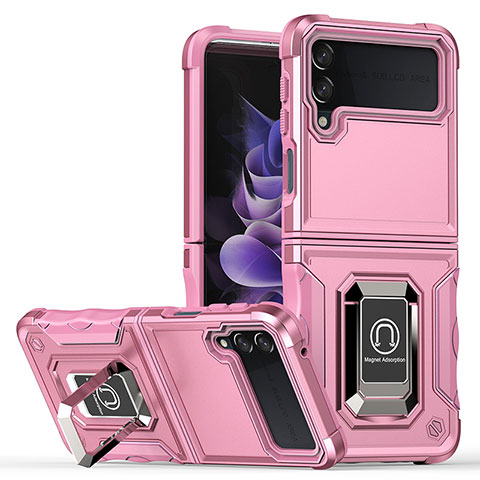 Funda Bumper Silicona y Plastico Mate Carcasa con Magnetico Anillo de dedo Soporte QW1 para Samsung Galaxy Z Flip3 5G Oro Rosa