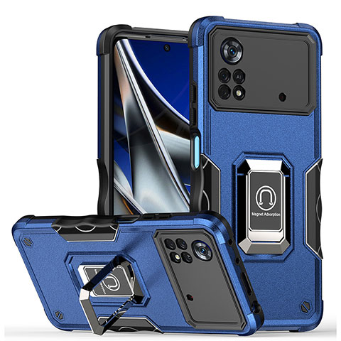 Funda Bumper Silicona y Plastico Mate Carcasa con Magnetico Anillo de dedo Soporte QW1 para Xiaomi Redmi Note 11E Pro 5G Azul