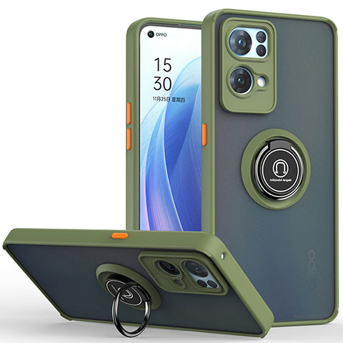 Funda Bumper Silicona y Plastico Mate Carcasa con Magnetico Anillo de dedo Soporte QW2 para Oppo Reno7 Pro 5G Ejercito Verde