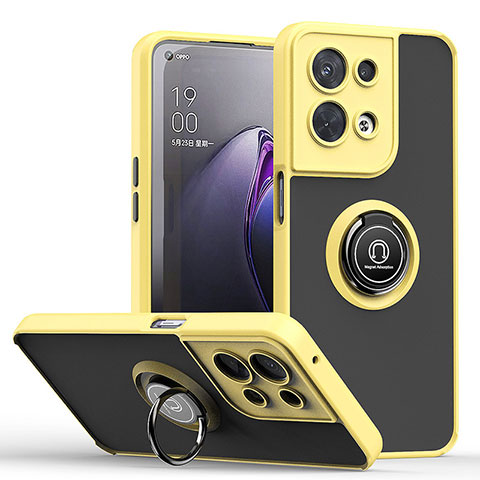 Funda Bumper Silicona y Plastico Mate Carcasa con Magnetico Anillo de dedo Soporte QW2 para Oppo Reno9 Pro+ Plus 5G Amarillo