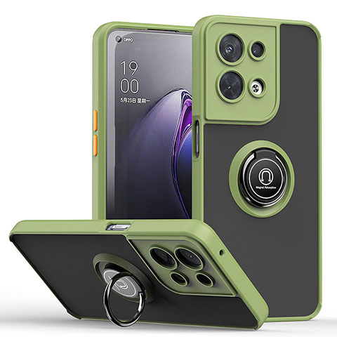 Funda Bumper Silicona y Plastico Mate Carcasa con Magnetico Anillo de dedo Soporte QW2 para Oppo Reno9 Pro+ Plus 5G Ejercito Verde