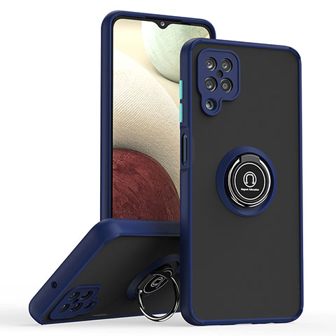 Funda Bumper Silicona y Plastico Mate Carcasa con Magnetico Anillo de dedo Soporte QW2 para Samsung Galaxy F12 Azul
