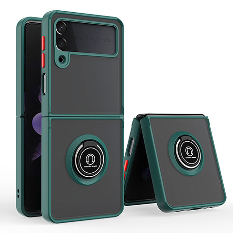 Funda Bumper Silicona y Plastico Mate Carcasa con Magnetico Anillo de dedo Soporte QW2 para Samsung Galaxy Z Flip3 5G Verde Noche