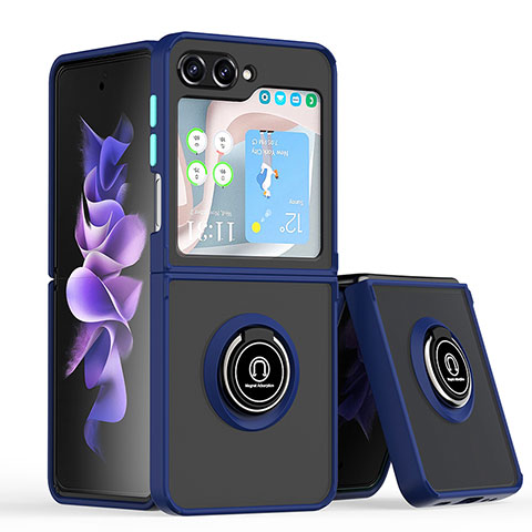 Funda Bumper Silicona y Plastico Mate Carcasa con Magnetico Anillo de dedo Soporte QW2 para Samsung Galaxy Z Flip5 5G Azul