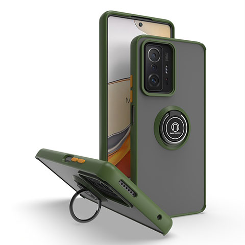 Funda Bumper Silicona y Plastico Mate Carcasa con Magnetico Anillo de dedo Soporte QW2 para Xiaomi Mi 11T Pro 5G Ejercito Verde
