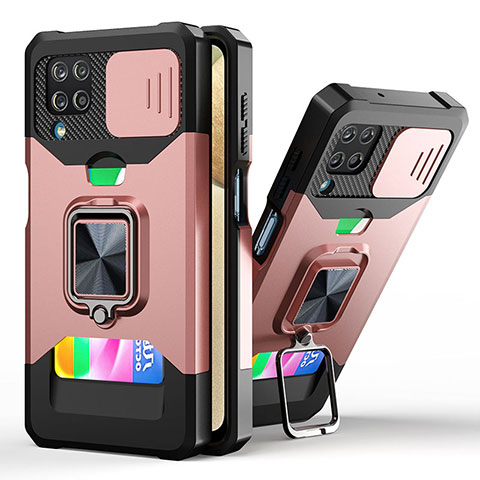 Funda Bumper Silicona y Plastico Mate Carcasa con Magnetico Anillo de dedo Soporte QW3 para Samsung Galaxy M12 Oro Rosa