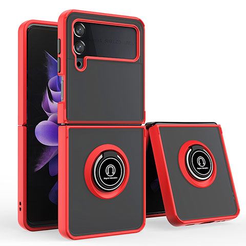 Funda Bumper Silicona y Plastico Mate Carcasa con Magnetico Anillo de dedo Soporte QW3 para Samsung Galaxy Z Flip4 5G Rojo